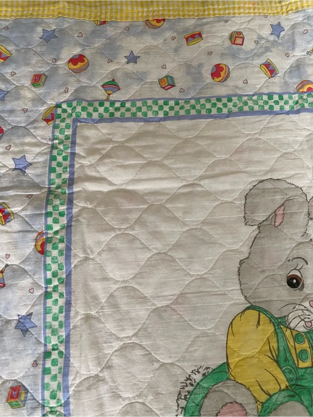 VTG  80s 90s Handmade Baby Quilt Yellow Plaid Giraffe Teddy Bear Elephant Bunny